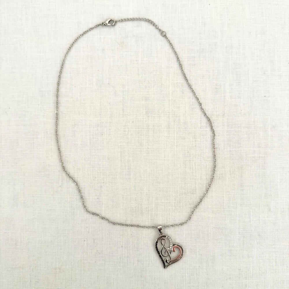 Music Heart Necklace Treble Clef Pendant Silver Tone and Rose Valentine Gift - Picture 5 of 10